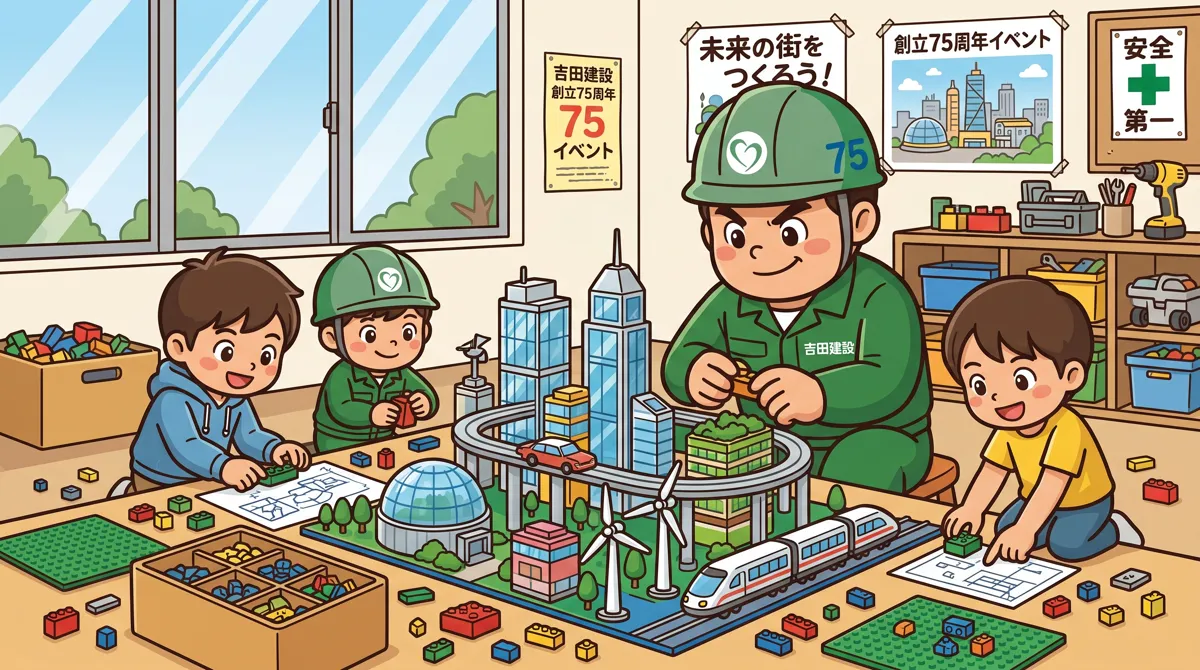 子どもたちとレゴⓇブロックで未来の街をつくる吉田建設のキャラクター(イラスト)