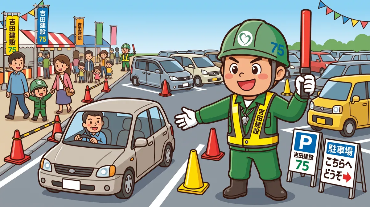 駐車場を案内する吉田建設のキャラクター(イラスト)